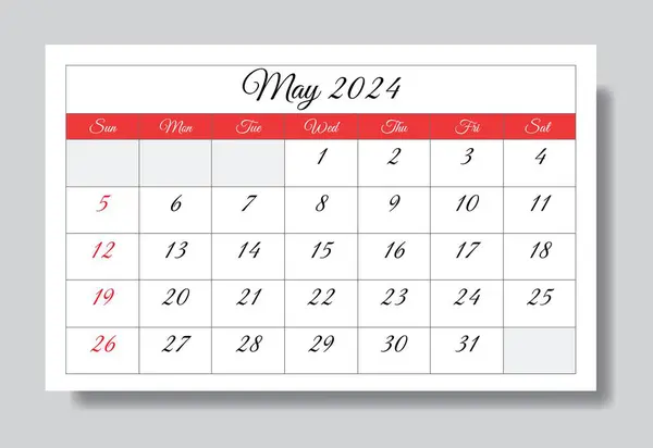 5月2024日 英語月間カレンダー ベクター印刷可能なイラスト あなたのイベントのための月次計画 — ストックベクタ