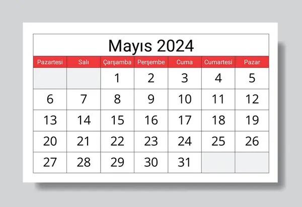 Maio 2024 Calendário Turkish Nisan Ilustração Vetorial Planejamento Mensal Para —  Vetores de Stock