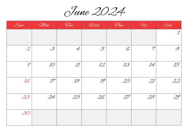 Haziran 2024 İngiliz ay takvimi. Vektör yazdırılabilir illüstrasyon. İş etkinlikleriniz için aylık planlama
