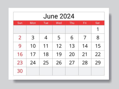 Haziran 2024 İngiliz ay takvimi. Vektör yazdırılabilir illüstrasyon. Etkinlikleriniz için aylık planlama