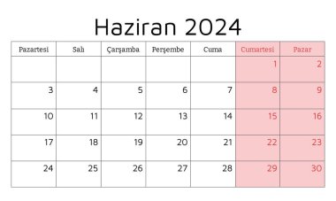 Haziran 2024 TURKISH takvimi - Haziran. Vektör çizimi. Türkçe işiniz için aylık planlama