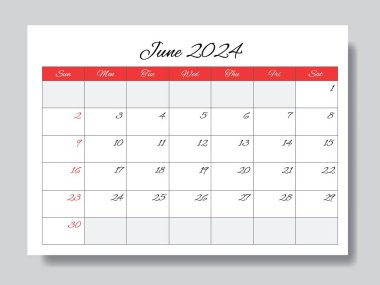Haziran 2024 İngiliz ay takvimi. Vektör yazdırılabilir illüstrasyon. Etkinlikleriniz için aylık planlama