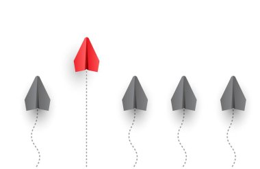 Bireysel ve benzersiz lider kırmızı kağıt uçak önce uçuyor. Vektör çizimi. Bireysellik kavramı. 