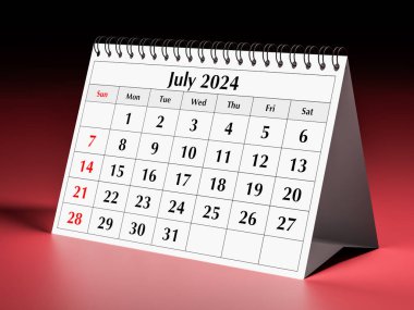 Temmuz 2024 takvimi. Yazın yıllık iş masası takviminin bir sayfası