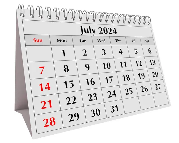 Stock image July 2024 calendar. Page of the annual business desk month calendar isolated on white background