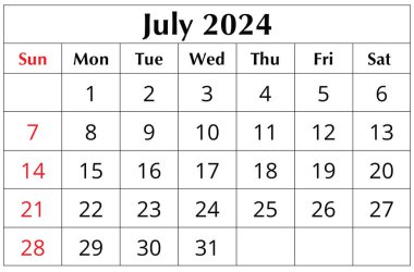 Temmuz 2024 İngiliz ay takvimi. basılabilir illüstrasyon. Aylık planlama