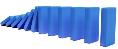 Domino blokları itiliyor. Eğilimler ve sorunlar konsepti. Beyaz arkaplanda izole