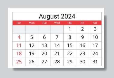 Ağustos 2024 İngiliz ay takvimi. Vektör yazdırılabilir illüstrasyon. Etkinlikleriniz için aylık planlama