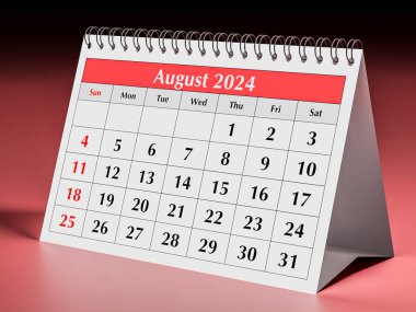 Ağustos 2024 takvimi. Yazın yıllık iş masası takviminin bir sayfası