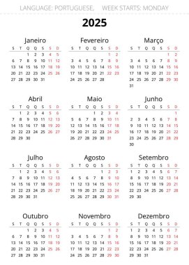 2025 dikey Portekiz takvimi. Portekiz için basılabilir vektör illüstrasyonu. Yılınızı takvim biçimine göre planlayın