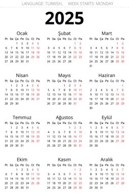 2025 dikey Türk takvimi. Türkiye için basılabilir vektör illüstrasyonu. Yılınızı takvim dikey biçimi ile planlayın