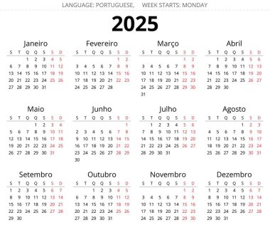 2025 yılının Porto Riko takvimi. Portekiz için yazdırılabilir vektör illüstrasyonu