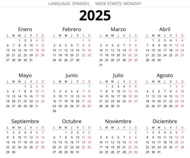2025 yıllık İspanyol takvimi. İspanya için yazdırılabilir vektör illüstrasyonu