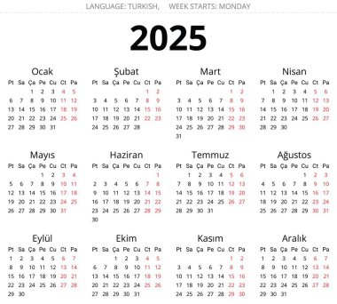 2025 yıllık Türk takvimi. Türkiye için basılabilir ve düzenlenebilir vektör illüstrasyonu