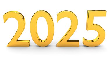 Numara 2025. Yeni yıl tatili kavramları beyaza izole edilmiş altın renginde