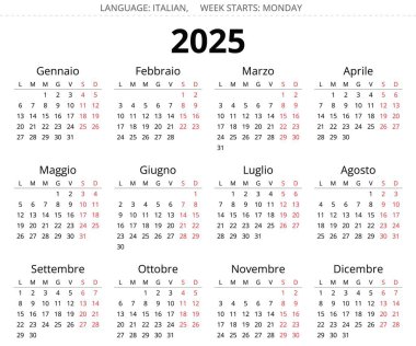 2025 İtalya yılı takvimi, 12 aylık. İtalya için yazdırılabilir vektör illüstrasyonu