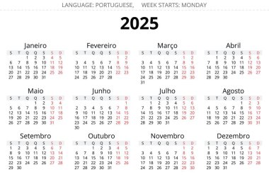 2025 yılının Porto Riko takvimi. Portuga için basılabilir ve düzenlenebilir vektör illüstrasyonu