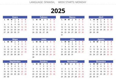2025 yatay İspanyol takvimi. İspanya için basılabilir vektör illüstrasyonu. Yılınızı takvim biçimine göre planlayın