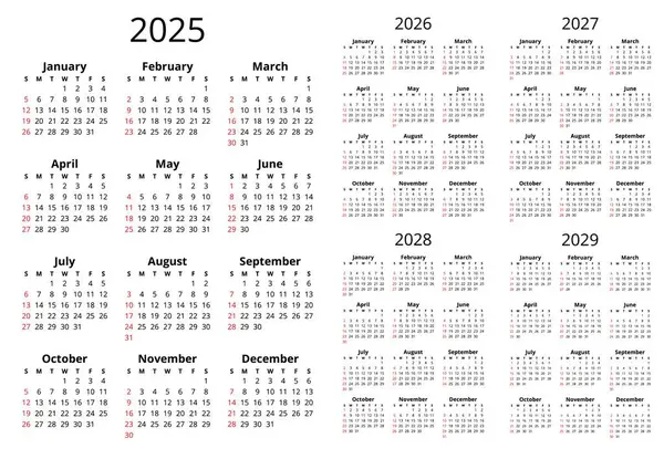 stock vector 2025, 2026, 2027, 2028, 2029 years english calendars with 12 months. Simple printable vector illustration