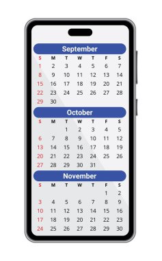 Sonbahar aylarıyla birlikte 2024 yılı için cep telefonu: Eylül, Ekim, Kasım. Vektör illüstrasyonu