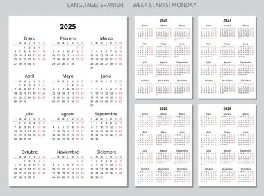 2025, 2026, 2027, 2028, 2029 dikey İspanyol takvimi. İspanya için yazdırılabilir vektör illüstrasyonu. 