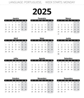 2025 yılı için portatif tahmin takvimi. Portekiz için koyu renkli basılabilir vektör illüstrasyonuName