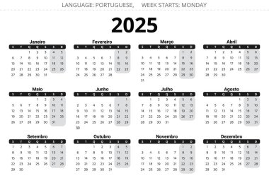 2025 yılının Porto Riko takvimi. Portekiz için koyu renkli basılabilir vektör illüstrasyonuName