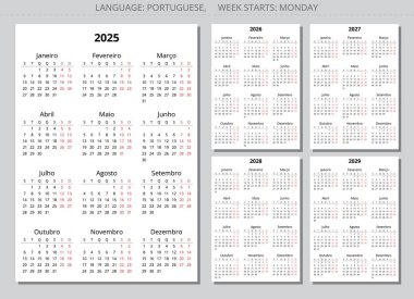2025, 2026, 2027, 2028, 2029 yıllık Portekiz takvimleri. Portekiz için yazdırılabilir dikey vektör çizimi