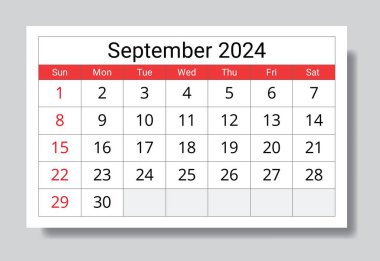 Eylül 2024 İngiliz ay takvimi. Vektör yazdırılabilir illüstrasyon. Etkinlikleriniz için aylık planlama
