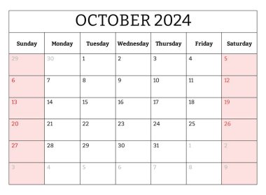 Ekim 2024 İngiliz ay takvimi. Vektör yazdırılabilir illüstrasyon. İş etkinlikleriniz için aylık planlama