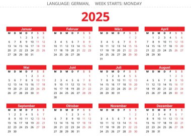 2025 yıllık Alman takvimi. Almanya için kırmızı ve siyah renklerde basılabilir vektör illüstrasyonu