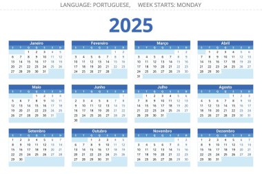 2025 yılı için portatif tahmin takvimi. Portekiz için mavi renkli basılabilir vektör illüstrasyonu