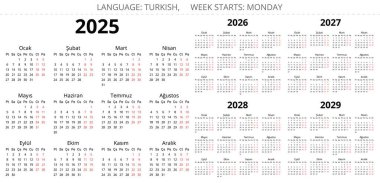 2025, 2026, 2027, 2028, 2029 Türk takvimi. Türkiye için yazdırılabilir vektör illüstrasyonu