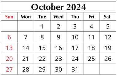 Ekim 2024 İngiliz ay takvimi. Basılabilir illüstrasyon. Aylık planlama