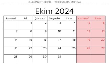 Ekim 2024 TURKISH takvimi - Ekim. Vektör çizimi. Türkçe işiniz için aylık planlama
