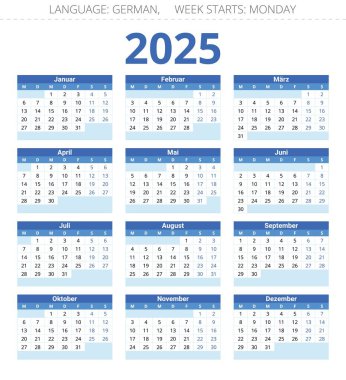 2025 yıllık Alman takvimi. Almanya için mavi renkli yazdırılabilir vektör illüstrasyonuName