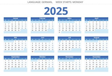 2025 yıllık Alman takvimi. Almanya için basılabilir vektör illüstrasyonu. Mavi renkte dizayn