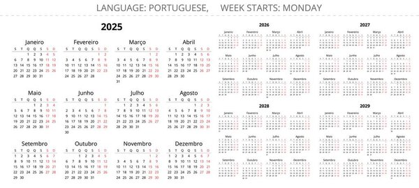 Календарь PORTUGUESE 2025, 2026, 2027, 2028, 2029 лет. Набор векторных иллюстраций для печати в Португалии