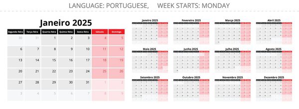 Set of PORTUGUESE monthly calendar for 2025 year. Vector collection set with stylish design illustration for Portugal