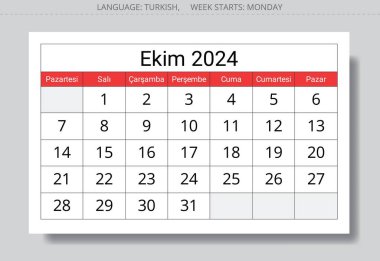 Ekim 2024 TURKISH takvimi - Ekim. Vektör çizimi. Türkçe işiniz için aylık planlama