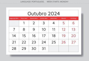 Ekim 2024 Portekiz takvimi (Outubro). Vektör çizimi. Portekiz 'deki işiniz için aylık planlama
