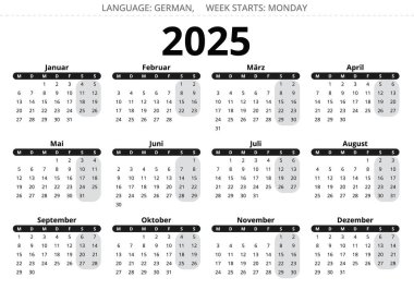 2025 yıllık Alman takvimi. Almanya için koyu renkli yazdırılabilir vektör çizimleri