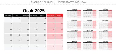 2025 yıllık Türk takvimi. 12 aylık tahsilat. Türkiye için yazdırılabilir vektör illüstrasyonu