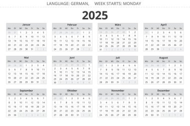 2025 yıllık Alman takvimi. Almanya için gri renkli vektör illüstrasyonu