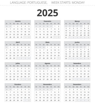 2025 yılının Porto Riko takvimi. Portekiz için gri renkli basılabilir vektör illüstrasyonu. Dikey 