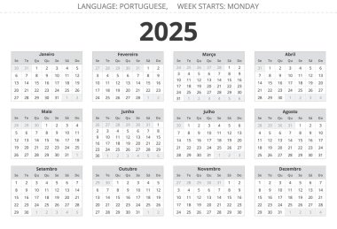 2025 yılının Porto Riko takvimi. Portekiz için gri renkli basılabilir vektör illüstrasyonu. Dikey 