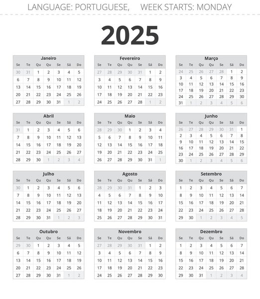 Календарь PORTUGUESE на 2025 год. Печатные векторные иллюстрации в серых цветах для Португалии. Вертикаль 