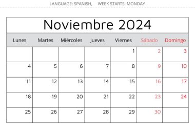 Ekim 2024 SPANISH takvimi - Noviembre. Vektör çizimi. İspanya 'daki işiniz için aylık planlama