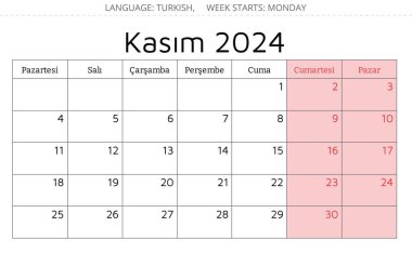 Kasım 2024 TURKISH takvimi - Takvim Kasım. Vektör çizimi. Türkçe işiniz için aylık planlama
