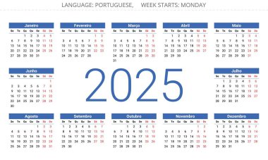 2025 yılının Porto Riko takvimi. Portekiz için yazdırılabilir şablon vektör çizimi. 